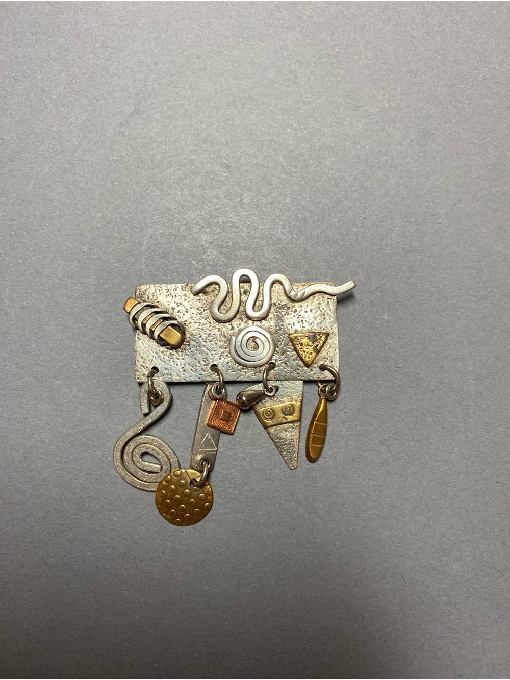 Vintage artisan sterling silver mixed metal abstract brooch pin